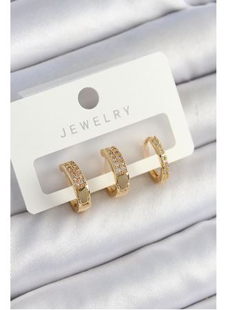 Pirinç Zirkon Taşlı Halka Model Gold Renk 3'lü Çift Kadın Küpe Set