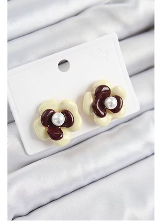 İnci Detaylı Krem Kahverengi Renk Papatya Model Kadın Küpe