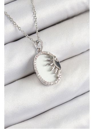 316L Çelik Zirkon Taşlı Yarım Güneş Model Gümüş Renk Kadın Kolye