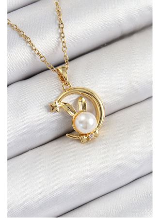 316L Çelik İnci Detaylı Hilal Tavşan Model Gold Renk Kadın Kolye