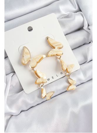 Pirinç Sedef Sallantılı Mermer Desenli Kelebek Model Gold Renk Vintage Kadın Küpe