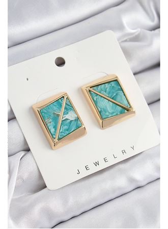 Pirinç Turkuaz Üçgen Kesim Detaylı Kare Model Vintage Gold Renk Kadın Küpe