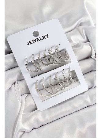 Pirinç Karışık Halka Model Gümüş Renk 6 Çift Kadın Küpe Set