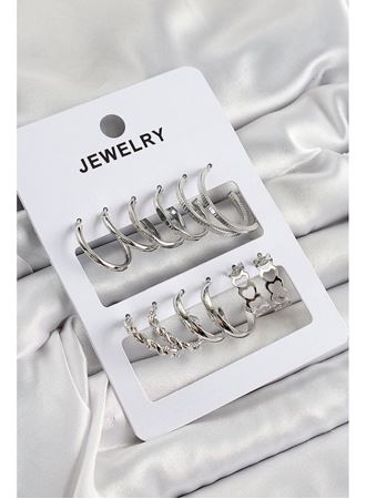 Pirinç Karışık Halka Model Gümüş Renk 6 Çift Kadın Küpe Set