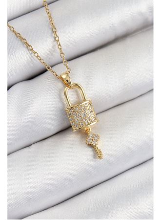 316L Çelik Zirkon Taşlı Kilit Ve Sallantılı Anahtar Model Gold Renk Kadın Kolye