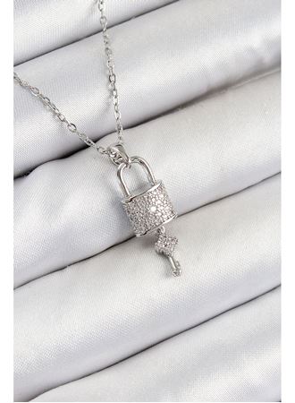 316L Çelik Zirkon Taşlı Kilit Ve Sallantılı Anahtar Model Gümüş Renk Kadın Kolye