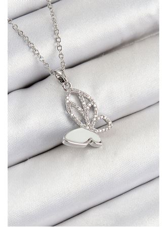 316L Çelik Zirkon Taşlı Kelebek Model Gümüş Renk Kadın Kolye