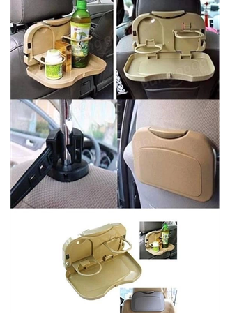 Araç İçi Koltuk Arkası Katlanabilir Bardak Tutuculu Bej Tepsi (