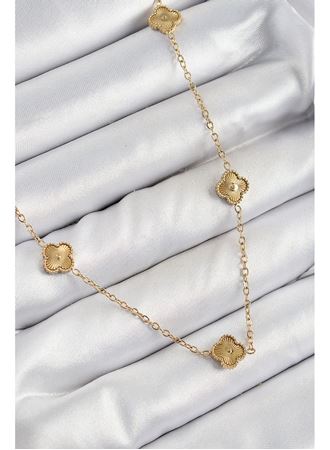 316L Çelik Yonca Model Gold Renk Kadın Kolye