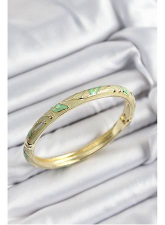 Mineli Pirinç Yeşil Yaprak Motifli Gold Renk Kadın Kelepçe