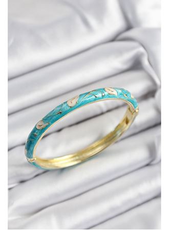 Mineli Pirinç Krem Ve Turkuaz Yaprak Motifli Gold Renk Kadın Kelepçe