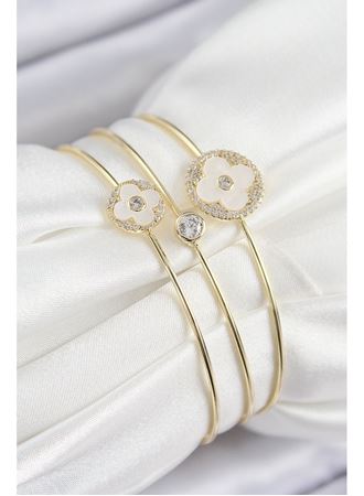 Pirinç Zirkon Taşlı Yonca Model Gold Renk Vip 3'lü Kadın Bileklik
