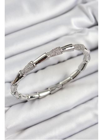 Pirinç Zirkon Taşlı Kemik Model Gümüş Renk Vip Kadın Bileklik