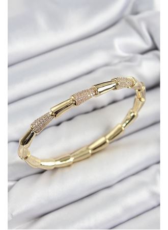 Pirinç Zirkon Taşlı Kemik Model Gold Renk Vip Kadın Bileklik