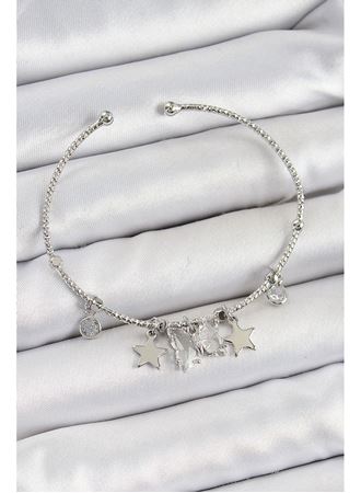 Pirinç Zirkon Taşlı Kelebek Ve Yıldız Model Gümüş Renk Charm Bileklik