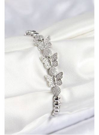 Pirinç Zirkon Taşlı Kelebek Model Gümüş Renk Kadın Bileklik