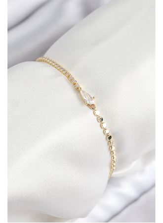 Pirinç Zirkon Taşlı Damla Model Ezme Zincir Gold Renk Kadın Bileklik