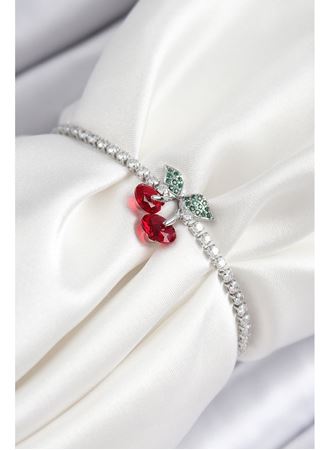 Pirinç Zirkon Taşlı Kiraz Model Gümüş Renk Asansörlü Kadın Bileklik