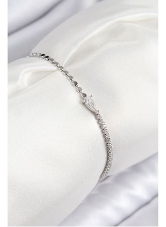 Pirinç Zirkon Taşlı Damla Model Ezme Zincir Gümüş Renk Kadın Bileklik