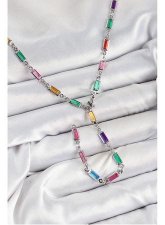 Pirinç Renkli Zirkon Taşlı Dikdörtgen Model Gümüş Renk Kadın Y Kolye