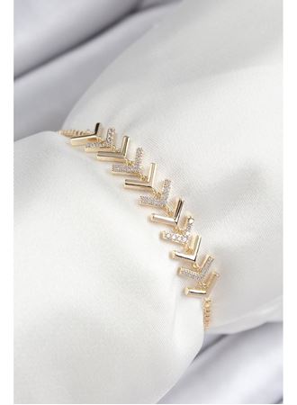 Pirinç Zirkon Taşlı Sıralı Ok Model Gold Renk Asansörlü Kadın Bileklik
