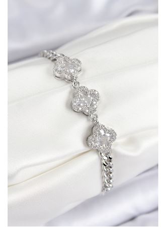 Pirinç Zirkon Taşlı Yonca Model Gümüş Renk Kadın Bileklik