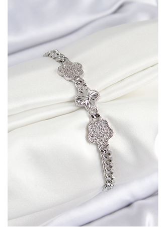 Pirinç Zirkon Taşlı Yonca Model Gümüş Renk Kadın Bileklik