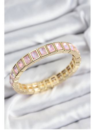 Pirinç Pembe Zirkon Taşlı Dikdörtgen Model Gold Renk Lastikli Kadın Bileklik