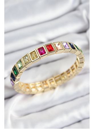 Pirinç Karışık Zirkon Taşlı Dikdörtgen Model Gold Renk Lastikli Kadın Bileklik