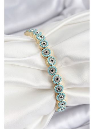 Pirinç Zirkon Taşlı Turkuaz Nazar Model Gold Renk Lastikli Kadın Bileklik