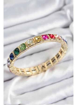 Pirinç Karışık Zirkon Taşlı Kare Model Gold Renk Lastikli Kadın Bileklik