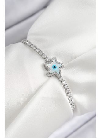 Pirinç Zirkon Taşlı Nazar Yıldız Model Gümüş Renk Asansörlü Kadın Bileklik