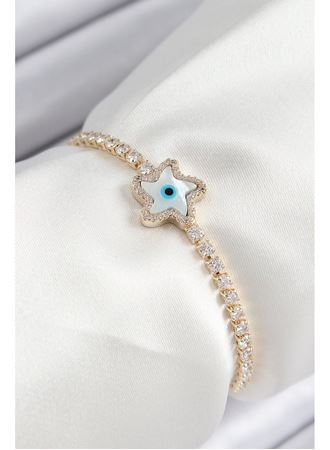 Pirinç Zirkon Taşlı Nazar Yıldız Model Gold Renk Asansörlü Kadın Bileklik