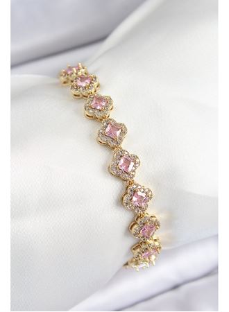 Pirinç Zirkon Taşlı Pembe Yonca Baget Model Gold Renk VIP Seri Kadın Bileklik