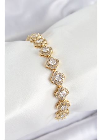 Pirinç Zirkon Taşlı Yonca Baget Model Gold Renk VIP Seri Kadın Bileklik