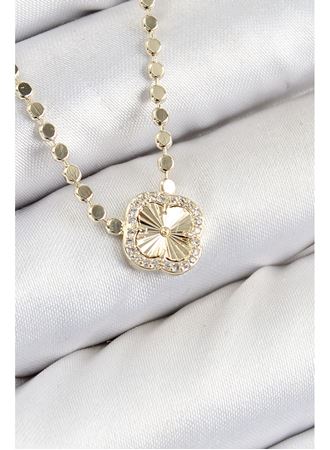 Pirinç Zirkon Taşlı Yonca Model Ezme Zincir Gold Renk Kadın Kolye