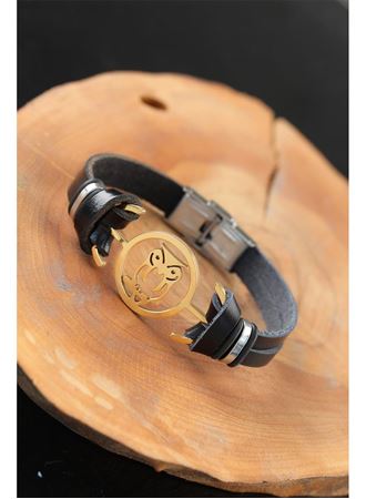 Gold Renk Baykuşlu Metal Aksesuarlı Siyah Renk Deri Erkek Bileklik