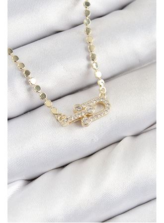 Pirinç Zirkon Taşlı Tifany Model Ezme Zincir Gold Renk Kadın Kolye