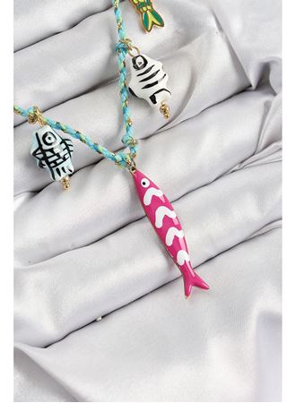 Seramik Motifli Pembe Balık Figürlü Model Mavi İp Kadın Kolye