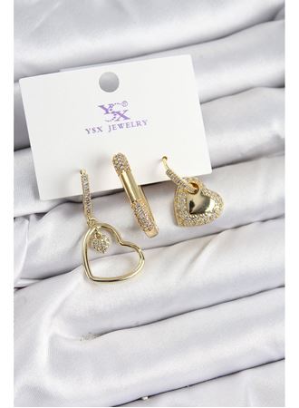 Pirinç Zİrkon Taşlı Kalp Model Gold Renk 3'lü Kadın Küpe
