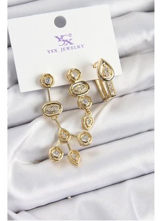 Pirinç Zİrkon Taşlı Geometrik Model Gold Renk 3'lü Kadın Küpe