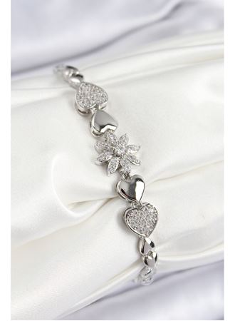 Pirinç Zirkon Taşlı Kalp Detaylı Çiçek Model Gümüş Renk Kadın Bileklik