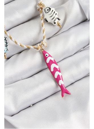 Seramik Motifli Pembe Balık Figürlü Model Krem İp Kadın Kolye