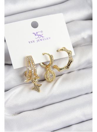 Pirinç Zİrkon Taşlı Sallantılı Yıldız Model Gold Renk 3'lü Kadın Küpe