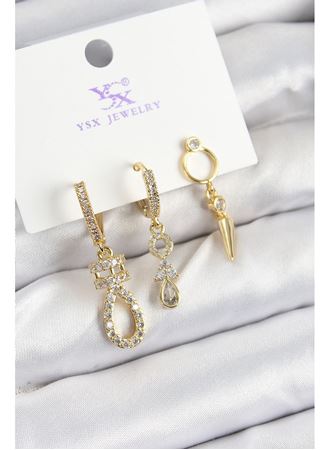 Pirinç Zİrkon Taşlı Sallantılı Model Gold Renk 3'lü Kadın Küpe