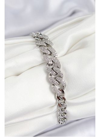 Pirinç Zirkon Taşlı Küba Zincir Model Gümüş Renk Kadın Bileklik