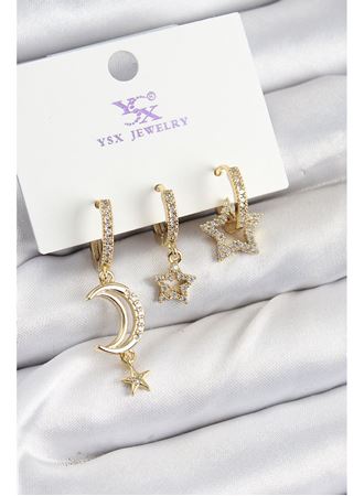 Pirinç Zİrkon Taşlı Ay Ve Hilal Model Gold Renk 3'lü Kadın Küpe