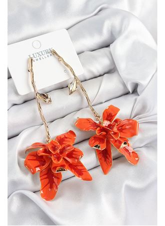 Pirinç Sallantılı Turuncu Çiçek Model Gold Renk Kadın Küpe