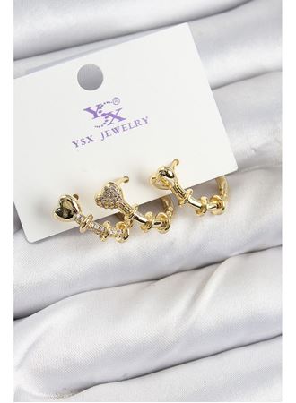 Pirinç Zİrkon Taşlı Kalp Model Gold Renk 3'lü Kadın Küpe