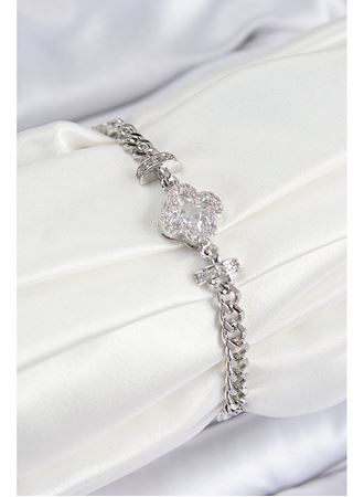 Pirinç Zirkon Taşlı Yonca Model Gümüş Renk Kadın Bileklik